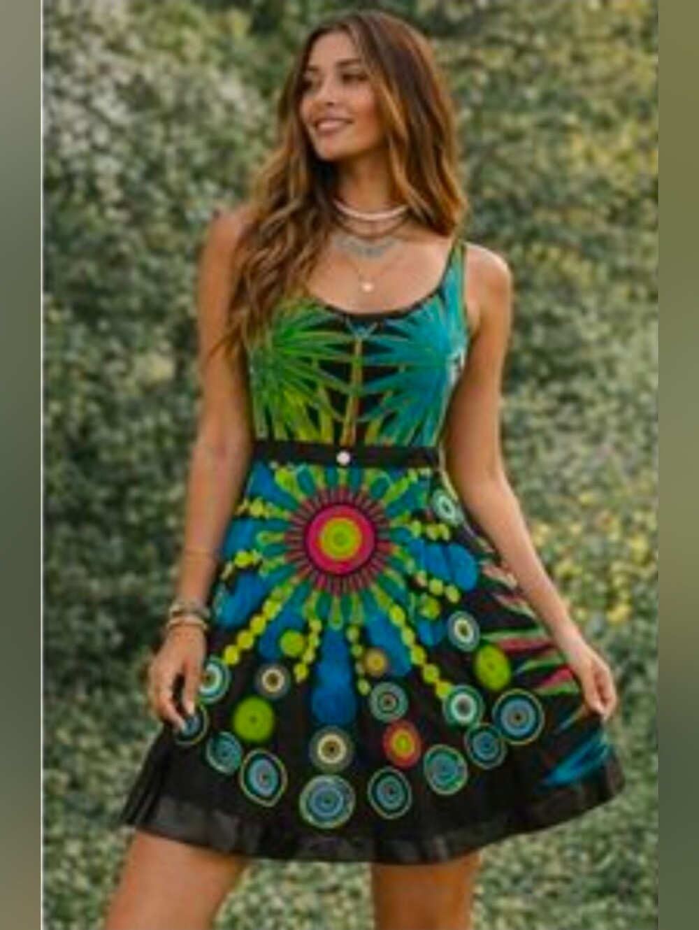 Desigual Green & Blue Tropical Circle-Print Mini Dress Size M